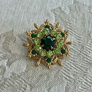 Gold and Green Rhinestone Brooch